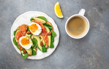 Toast salmon, avocado, cheese, egg, spinach, nuts and coffee, Healthy fats, clean eating for weight loss. Ketogenic diet breakfast. banner, menu, recipe place for text, top view