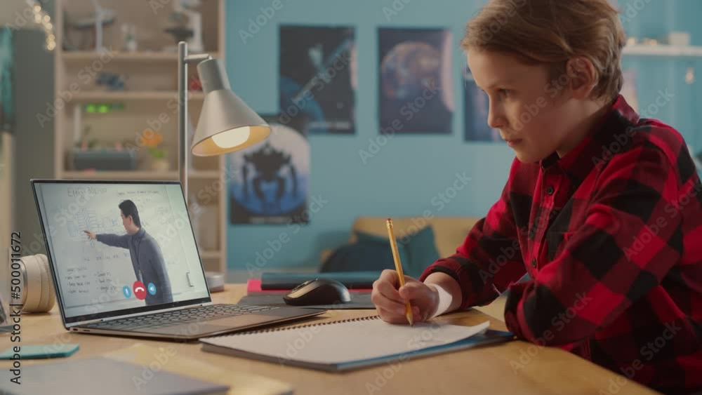 Poster smart little boy uses laptop for video call with his teacher. screen shows online lecture with teach