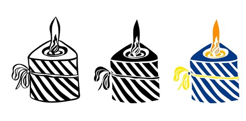 Burning striped candle with tied bow. Outline, in silhouette and colorful illustration isolated on white background. Holiday celebration  design elements. Vector illustration.