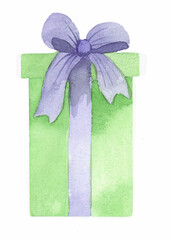 gift box with a bow painted in watercolor, green box with a purple bow, birthday gift packaging, holiday gift