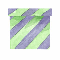 gift box with a bow painted in watercolor, striped box green and purple, birthday gift wrapping, holiday gift