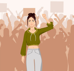 Asian woman participating in a march of women fighting for their rights. Feminists participate in the rally. Vector illustration.