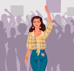 Latina woman participating in the march of women fighting for their rights. Feminists participate in the rally. Vector illustration.