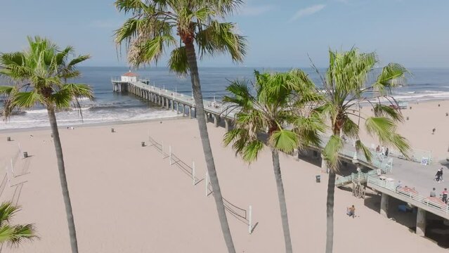 alt view of iconic Manhattan Beach Pier flying left past palm trees
