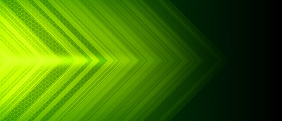 Obraz premium Abstract green arrow glowing with lighting and line grid on blue background