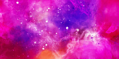 Cosmic neon light blue watercolor background. Paper textured aquarelle deep black canvas for modern creative design. Watercolor background Space, nebula, night Star sky posters, banners, web design