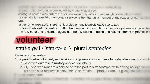 The Word Volunteer Red Highlighted in a Dictionary Animation