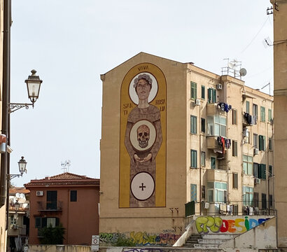 Palermo, Sicily, Italy - April 15, 2022: The wall painting mural with Santa Rosalia, Palermo, Italy.