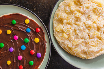 sweet pizzas, brigadeiro and confetti, white chocolate and pineapple pizza, baked pizza, homemade...
