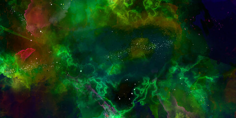 abstract night sky space watercolor background with stars. watercolor dark green blue nebula universe. Night sky with stars and nebula. watercolor hand drawn illustration. 