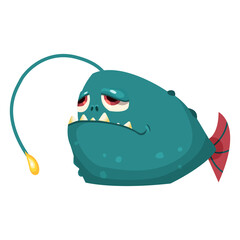 Cartoon blue comic anglerfish isolated on a white background. Ocean toothy marine animal. Character animal vector clipart for childen illustration, game, banner, poster and more.