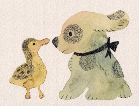 アヒルの子と子犬