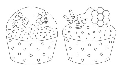 Set bees honey cupcakes coloring vector illustration