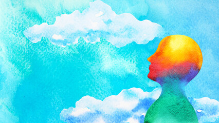 human head in blue sky abstract art mind mental health spiritual healing  free freedom feeling watercolor painting illustration design drawing - 500014077