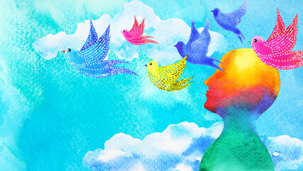 birds flying in blue sky abstract art mind mental health spiritual healing human head free freedom feeling watercolor painting illustration design drawing
