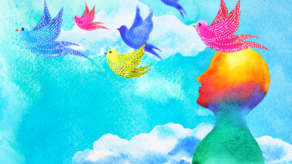 birds flying in blue sky abstract art mind mental health spiritual healing human head free freedom feeling watercolor painting illustration design drawing - 500014089