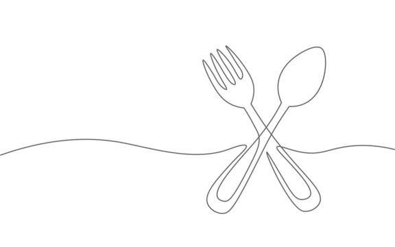 One line spoon fork gastronomy concept. Continuous lineart tasty soup cook dish. Delirious dining restaurant cuisine vector illustration