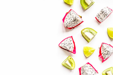 exotic fruits pattern with kiwi, pitaya isolated white background top view mockup