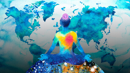 human meditate mind mental health yoga chakra spiritual healing abstract energy meditation connect the universe power watercolor painting illustration design drawing art - 500014248