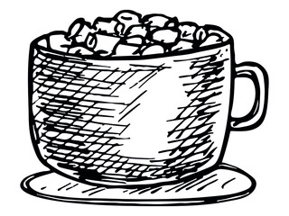 Cute cup of coffee or hot chocolate with marshmallow. Illustration isolated on a white background. Simple mug clipart. Cozy home doodle.