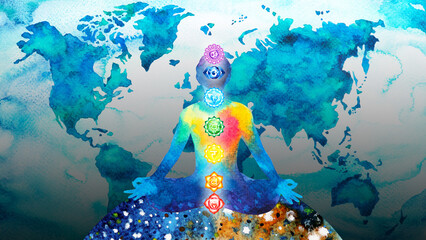 human meditate mind mental health yoga chakra spiritual healing abstract energy meditation connect the universe power watercolor painting illustration design drawing art - obrazy, fototapety, plakaty