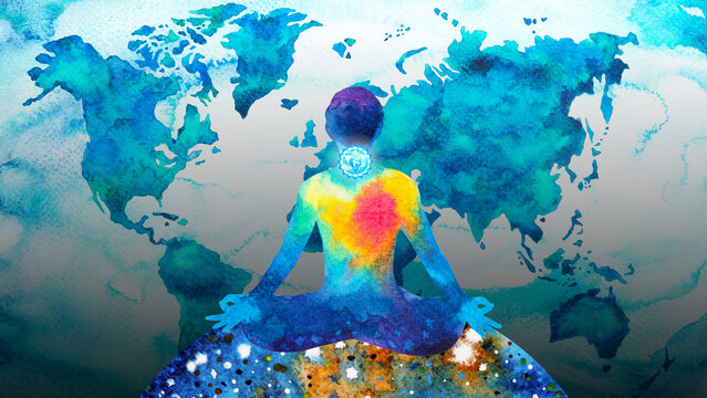 human meditate mind mental health yoga chakra spiritual healing abstract energy meditation connect the universe power watercolor painting illustration design drawing art
