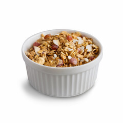 A white bowl with a homemade granola, isolated on a white background. Close-up. Selective focus.