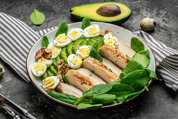 Chicken fillet with salad. Buddha Bowl Healthy food, keto diet, Healthy fats, clean eating for weight loss, banner, menu, recipe place for text, top view