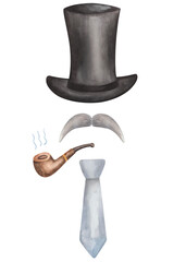 Watercolor illustration of hand painted black top hat, gentleman cylinder, brown smoking pipe, grey neck tie, moustaches. Man silhouette. Isolated clip art for greeting postcards, business cards
