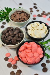 Group of chocolate bars different colors. Different kind assorted sweets. Mix chocolate bars of different colors and types.