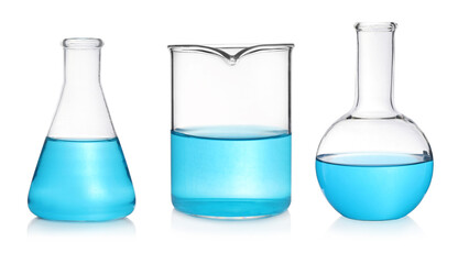 Different laboratory glassware with light blue samples on white background, collage