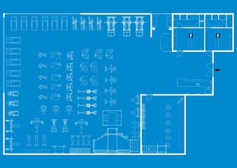 Architectural Hand Drawn Floor Plan gym. Blueprint. Studio Apartment. Floor plan blueprint. - obrazy, fototapety, plakaty