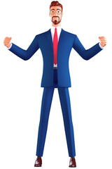 3d Portrait of a happy smiling young businessman showing an empty space for a sign with a text or slogan on a white background.