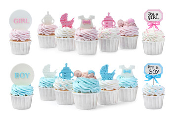 Beautifully decorated baby shower cupcakes on white background, collage
