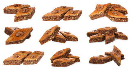 Obraz premium Delicious baklava with walnuts on white background, collage