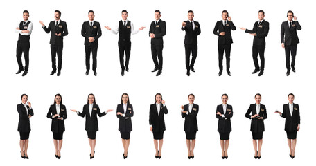 Collage with photos of receptionists on white background. Banner design