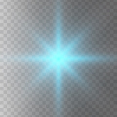 Blue glowing light star on a black background. Transparent shining sun, star explodes and bright flash. Blue bright illustration starburst.