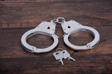 handcuffs with keys close-up on a dark wooden background