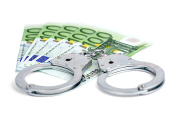 handcuffs lying on a bundle of euros, isolated on a white background