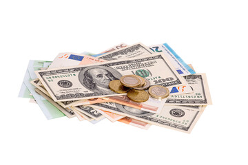 A bundle of euro and dollar bills with coins, isolated on a white background