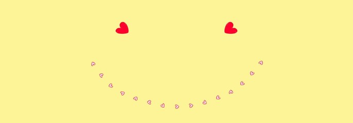 Illustration red hearts eyes and pink smiley hearts on yellow background. 17 hearts