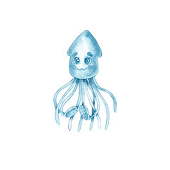 Watercolor blue cute Squid on White Background