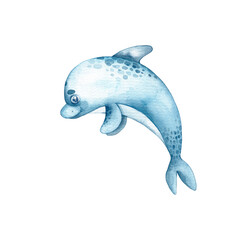 Watercolor blue cute dolphin on White Background