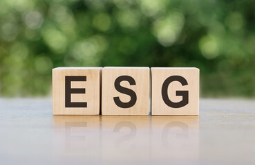 Wooden cubes standing on gray surface with letters ESG - short for environmental social governance on blurred green background.