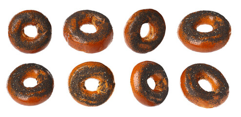 Set with tasty fresh bagels on white background. Banner design
