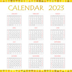 2023 calendar planner. Corporate week. Template layout, 12 months yearly, white background. Simple design for business brochure, flyer, print media, advertisement. Week starts from Monday