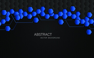 Abstract black and blue hexagon shapes with glowing lines on dark steel mesh background with free space for design. vector illustration
