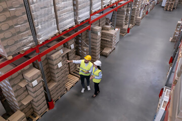 Manager and worker at warehouse, above view. Logistics center