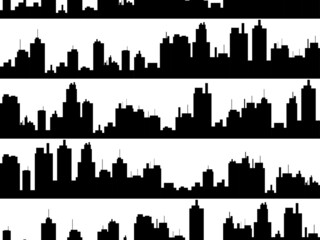 Obraz premium Black outline of the urban landscape on a white background seamless pattern. City skyscrapers skyline for print, posters and promotional materials. Vector illustration