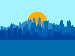 Obraz premium Sunrise over the city. Panorama of a big city with skyscrapers. Construction outlines. City skyline for print, posters and promotional materials. Vector illustration